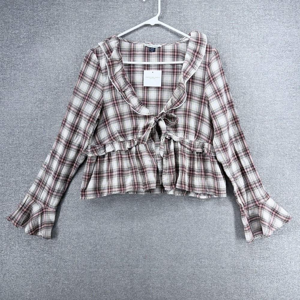 American Eagle Outfitters Cropped Top Women Medium Plaid Long Sleeve Flare NEW